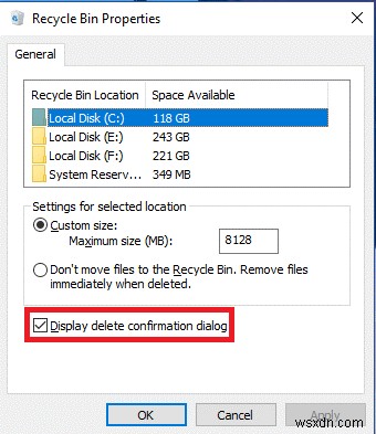 Windows 10 पर रीसायकल बिन स्टोरेज सेटिंग कैसे बदलें?