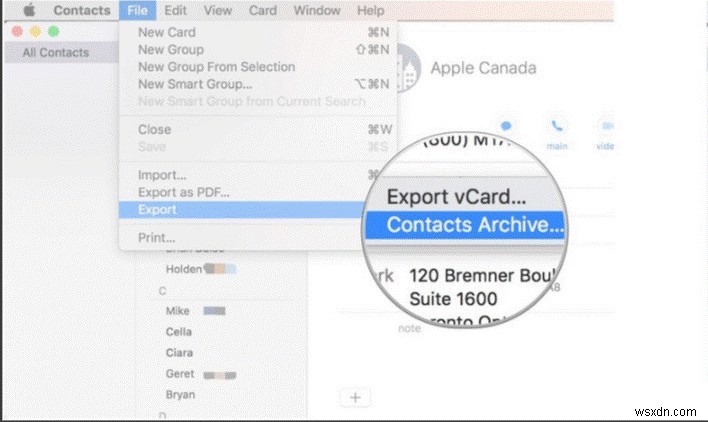 Mac पर संपर्कों का बैकअप लेने के चरण
