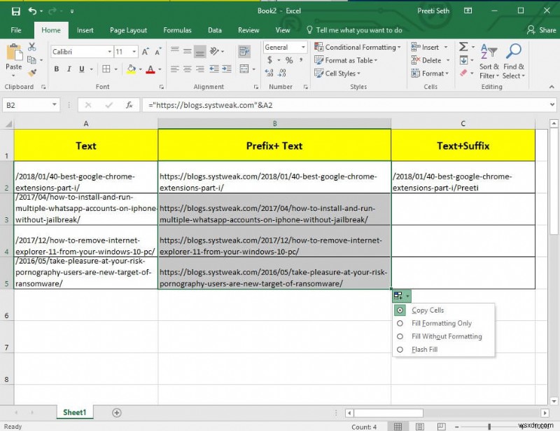 Excel में सभी सेल में उपसर्ग जोड़ने का एक आसान तरीका