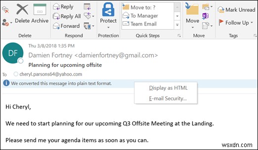 आउटलुक में मेल को प्लेन टेक्स्ट के रूप में कैसे दिखाएं