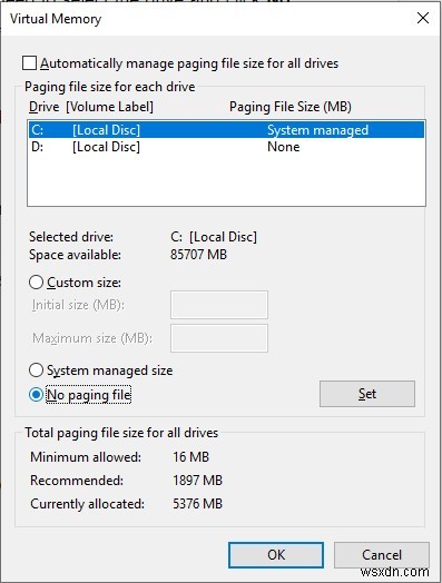 Windows 10 में Pagefile को कैसे बदलें/स्थानांतरित करें या अक्षम करें