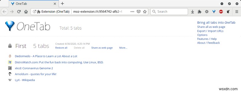 Firefox OneTab - उन सभी पर शासन करने के लिए एक टैब