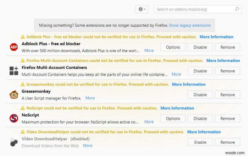 फ़ायरफ़ॉक्स सभी ऐड-ऑन अक्षम करता है - समस्या और समाधान