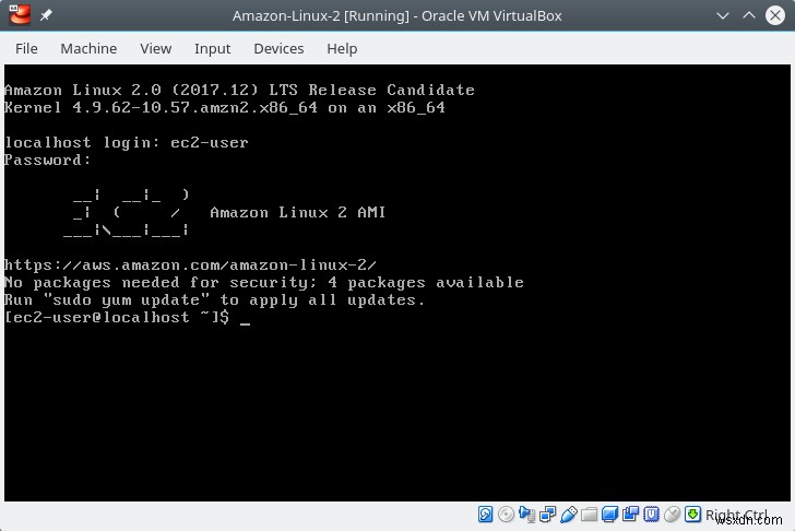 Amazon Linux 2 वर्चुअल मशीन लॉगिन और पासवर्ड