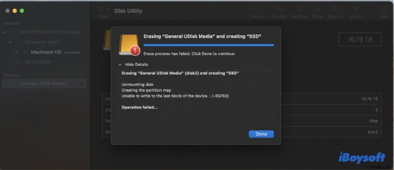 MacOS डिस्क उपयोगिता त्रुटि 69760 ठीक करें: डिवाइस के अंतिम ब्लॉक पर लिखने में असमर्थ  