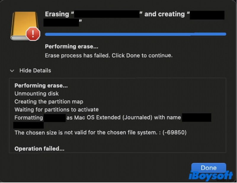 MacOS पर  चुने गए फ़ाइल सिस्टम के लिए चुना गया आकार मान्य नहीं है  त्रुटि (-69850) का समाधान करें 