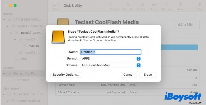 MacOS पर  चुने गए फ़ाइल सिस्टम के लिए चुना गया आकार मान्य नहीं है  त्रुटि (-69850) का समाधान करें 