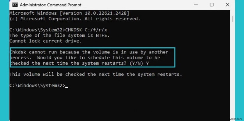 जब वॉल्यूम किसी अन्य प्रक्रिया द्वारा उपयोग में हो तो Chkdsk त्रुटियों का समाधान करें 
