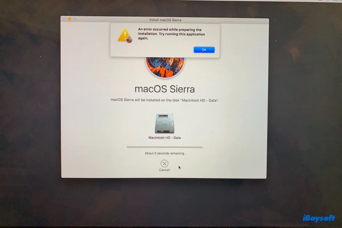 MacOS इंस्टॉलेशन त्रुटि को ठीक करें:Mac पर  इंस्टॉलेशन तैयार करते समय एक त्रुटि उत्पन्न हुई  