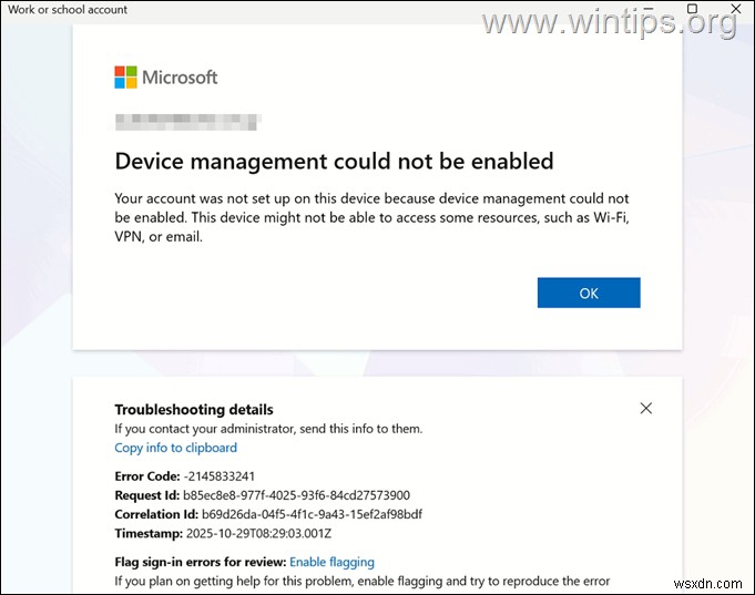 Microsoft 365 और Intune में  डिवाइस प्रबंधन सक्षम नहीं किया जा सका  त्रुटि (80192EE7 / -2145833241) का समाधान करें 