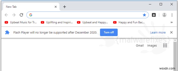 Google Chrome में  फ़्लैश प्लेयर अब समर्थित नहीं है  चेतावनी बंद करें 
