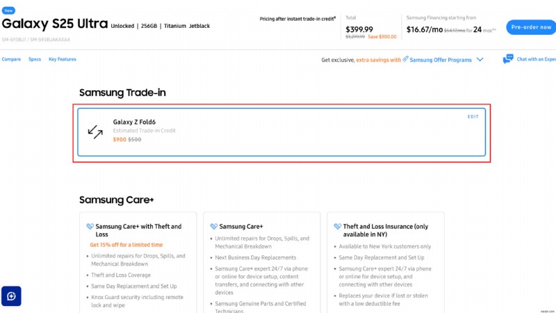 $399.99 में सैमसंग गैलेक्सी एस25 अल्ट्रा + बड्स 3 प्रो प्राप्त करें - विशेष ट्रेड‑इन ऑफर 